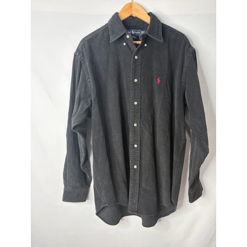 Vintage Ralph Lauren Blaire Black Corduroy Button Down Shirt Mens Large Red Pony